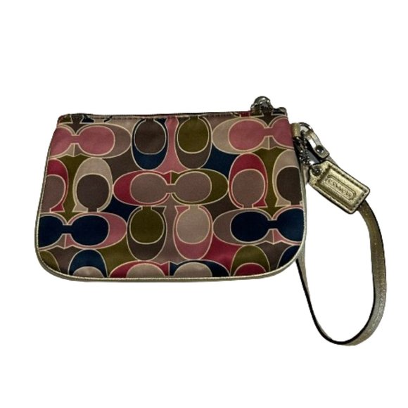 Coach Scarf Satin Leather Print | Small Multi-Colour Wristlet | Pink Gold - Picture 1 of 9